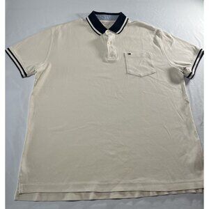 Tommy Hilfiger Men’s Beige Polo Shirt Size Large, Navy Collar & Stripes, NWT (No